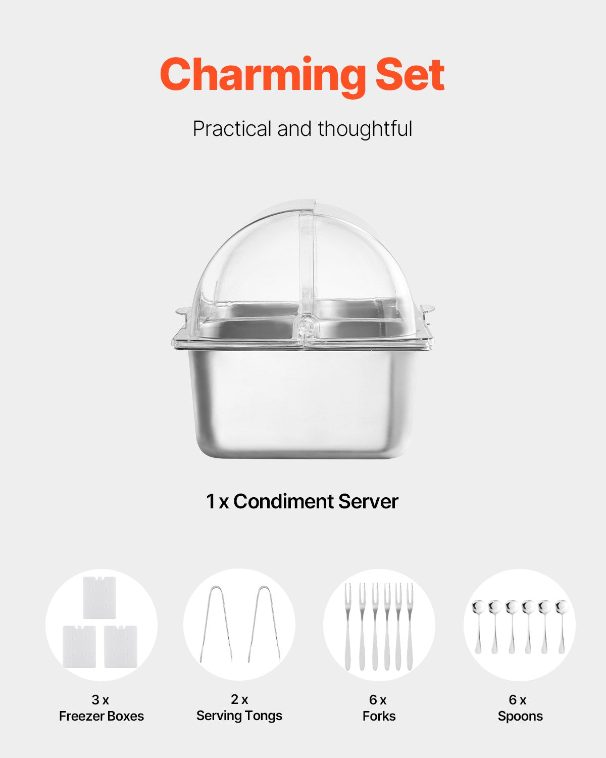 Countertop Food Serving Display Container, 4 Pan Stainless Steel Food Serving Tray, Buffet Condiment Dispenser Display Rack with Clear Lid & 3 Freezer Boxes, for Restaurant Hotel Kitchen Party