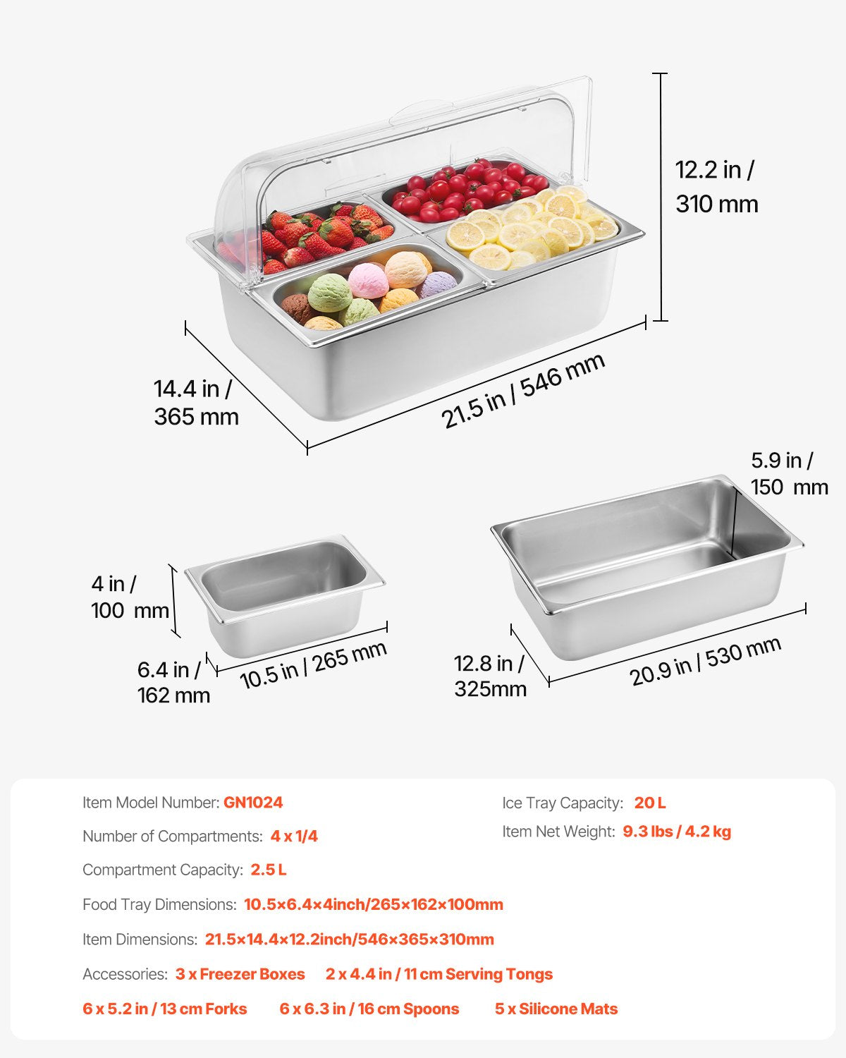 Countertop Food Serving Display Container, 4 Pan Stainless Steel Food Serving Tray, Buffet Condiment Dispenser Display Rack with Clear Lid & 3 Freezer Boxes, for Restaurant Hotel Kitchen Party