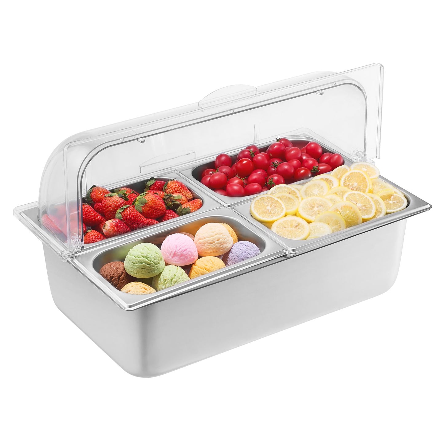 Countertop Food Serving Display Container, 4 Pan Stainless Steel Food Serving Tray, Buffet Condiment Dispenser Display Rack with Clear Lid & 3 Freezer Boxes, for Restaurant Hotel Kitchen Party