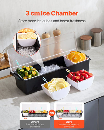 Chilled Condiment Server, 4 Compartment Ice Cooled Condiment Serving Container, Chilled Garnish Tray Bar Caddy with Lid, for Bartending & Serving Taco, Salad, Fruit, Home & Restaurant Supplies