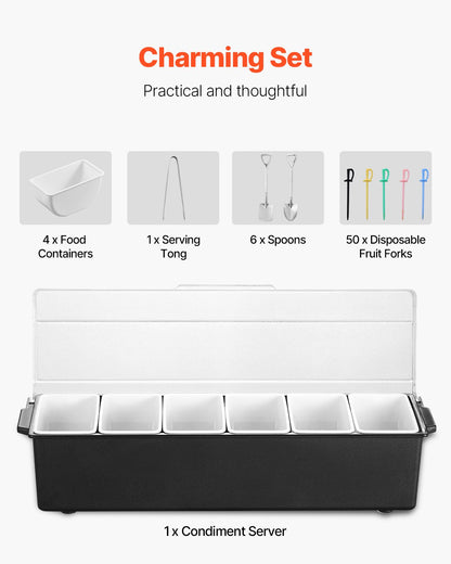 Gekühlter Gewürzbehälter mit 6 Fächern, gekühlter Servierwagen mit Deckel, ideal zum Servieren von Tacos, Salaten, Obst und für den privaten und gastronomischen Bereich.