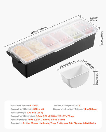 Gekühlter Gewürzbehälter mit 6 Fächern, gekühlter Servierwagen mit Deckel, ideal zum Servieren von Tacos, Salaten, Obst und für den privaten und gastronomischen Bereich.