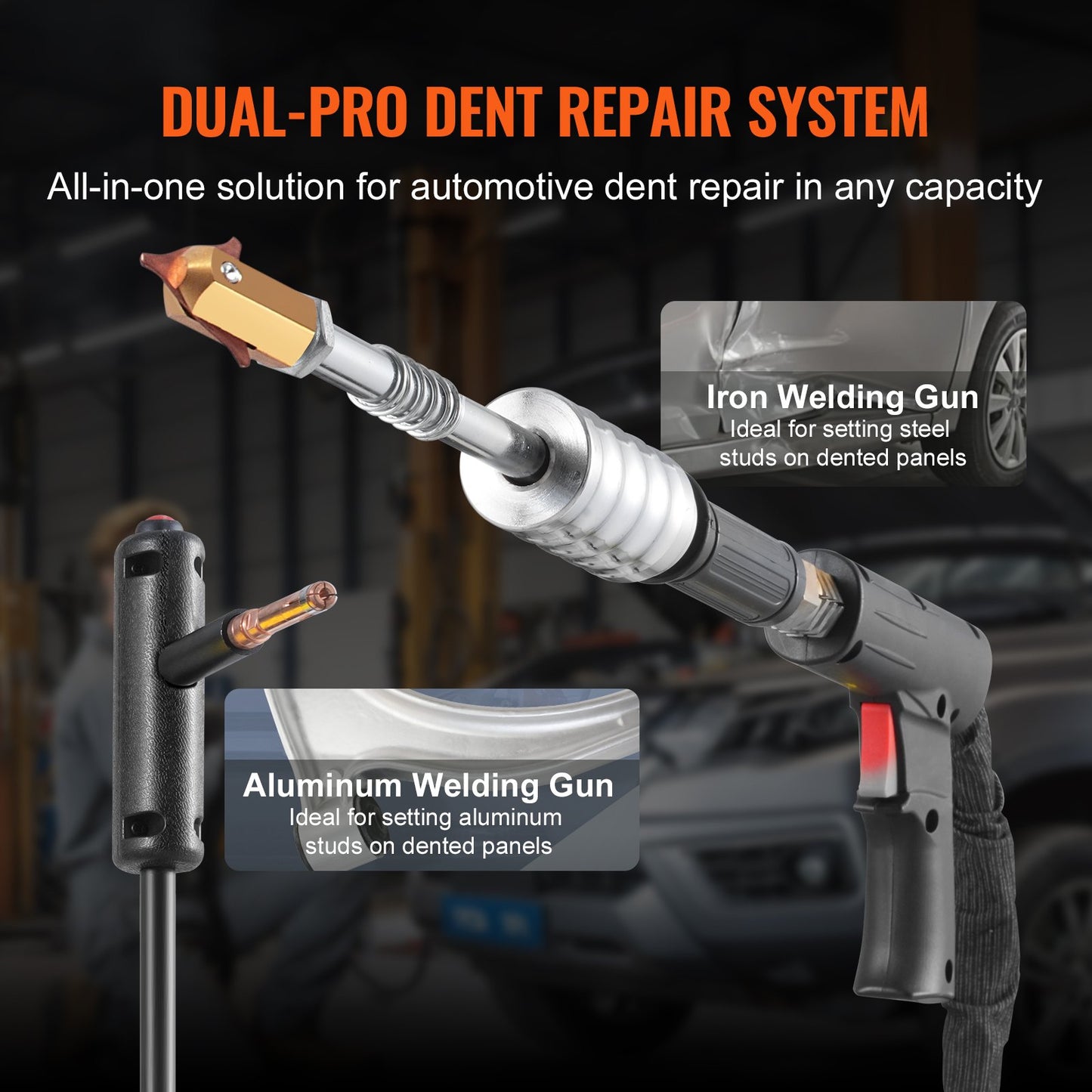 Dual Pro Bolzenschweißgerät Deluxe AL/Fe Dellenreparaturset, professionelles 5-kW-Schweißgerät mit automatischem/manuellem Schweißmodus und 10 Betriebsmodi, Punktschweißgerät zur Dellenreparatur an Stahl- und Aluminium-Karosserieteilen