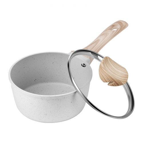 1,5-Liter-Stielkasserolle, antihaftbeschichtet, mit Deckel aus gehärtetem Glas, vielseitig einsetzbarer Kochtopf mit abnehmbarem Griff, kleiner Küchentopf mit Beschichtung, induktionsgeeignet, weiß