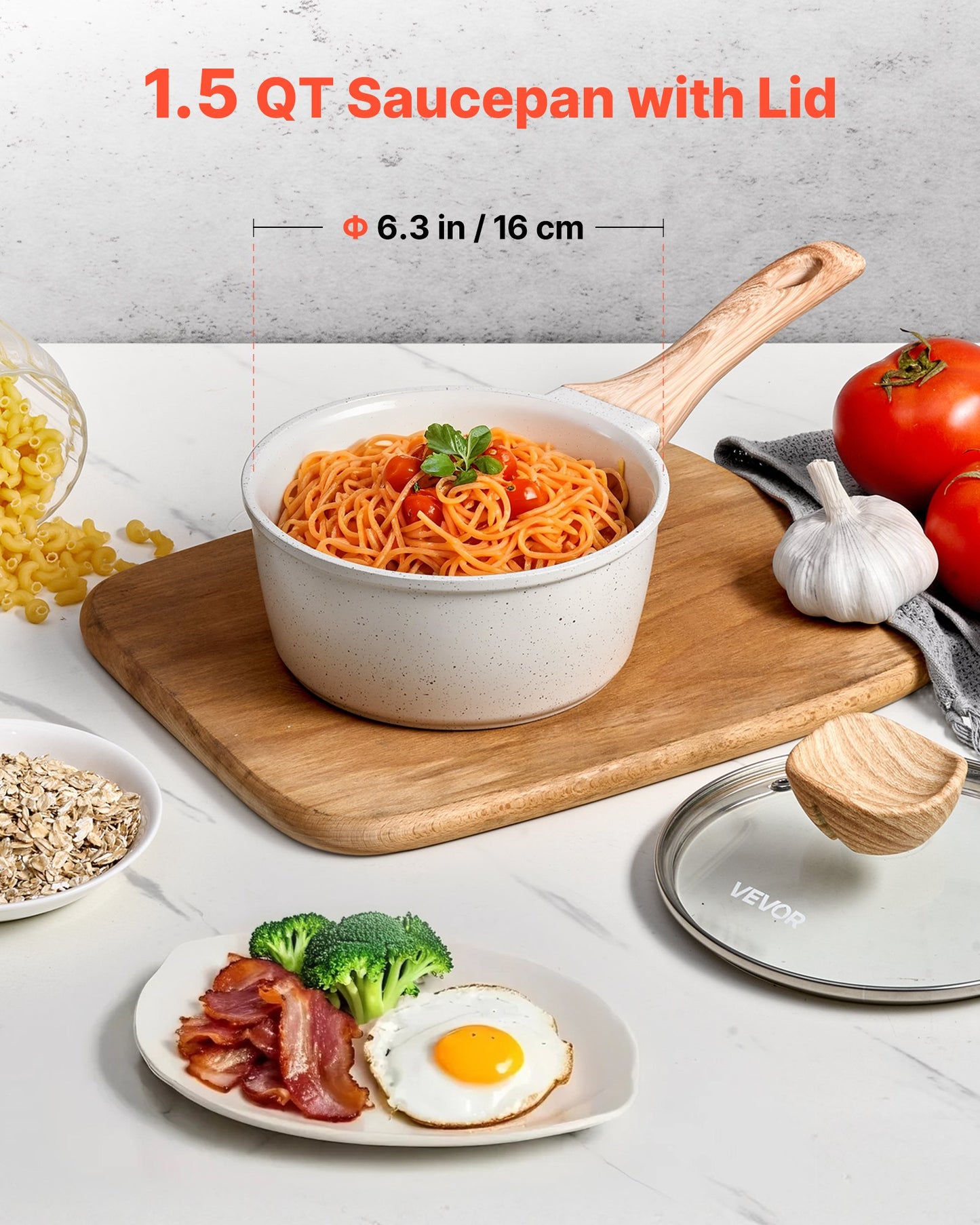 1,5-Liter-Stielkasserolle, antihaftbeschichtet, mit Deckel aus gehärtetem Glas, vielseitig einsetzbarer Kochtopf mit abnehmbarem Griff, kleiner Küchentopf mit Beschichtung, induktionsgeeignet, weiß