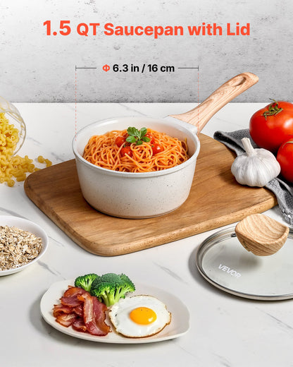 1,5-Liter-Stielkasserolle, antihaftbeschichtet, mit Deckel aus gehärtetem Glas, vielseitig einsetzbarer Kochtopf mit abnehmbarem Griff, kleiner Küchentopf mit Beschichtung, induktionsgeeignet, weiß