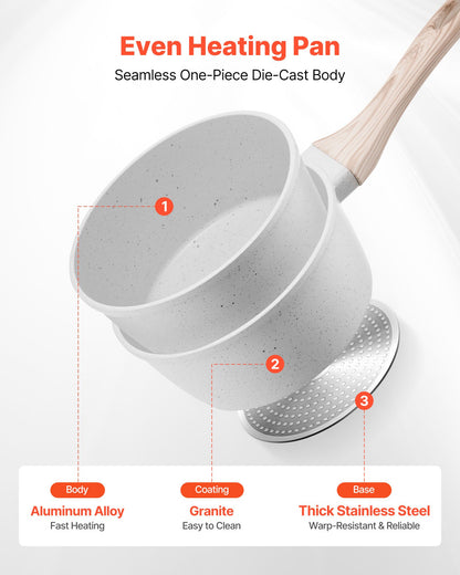 1,5-Liter-Stielkasserolle, antihaftbeschichtet, mit Deckel aus gehärtetem Glas, vielseitig einsetzbarer Kochtopf mit abnehmbarem Griff, kleiner Küchentopf mit Beschichtung, induktionsgeeignet, weiß