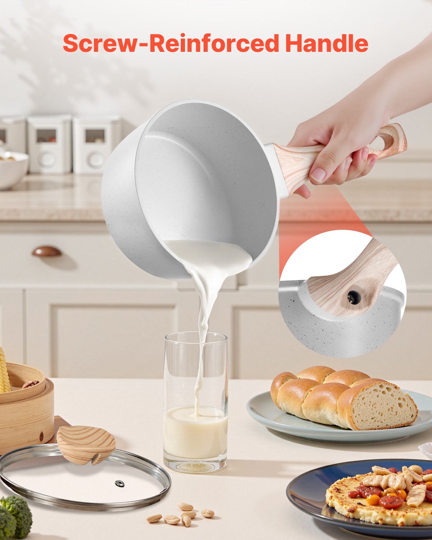 1,5-Liter-Stielkasserolle, antihaftbeschichtet, mit Deckel aus gehärtetem Glas, vielseitig einsetzbarer Kochtopf mit abnehmbarem Griff, kleiner Küchentopf mit Beschichtung, induktionsgeeignet, weiß