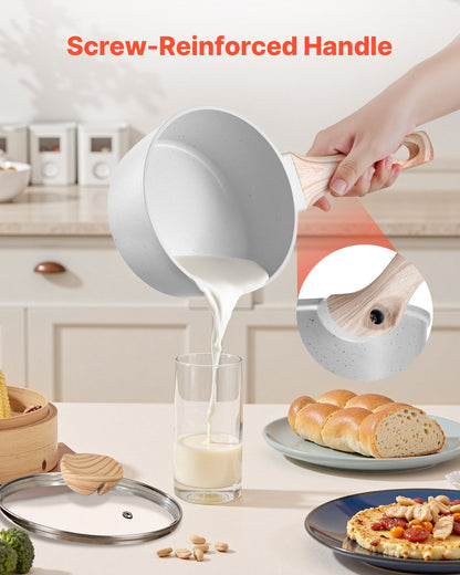 1,5-Liter-Stielkasserolle, antihaftbeschichtet, mit Deckel aus gehärtetem Glas, vielseitig einsetzbarer Kochtopf mit abnehmbarem Griff, kleiner Küchentopf mit Beschichtung, induktionsgeeignet, weiß