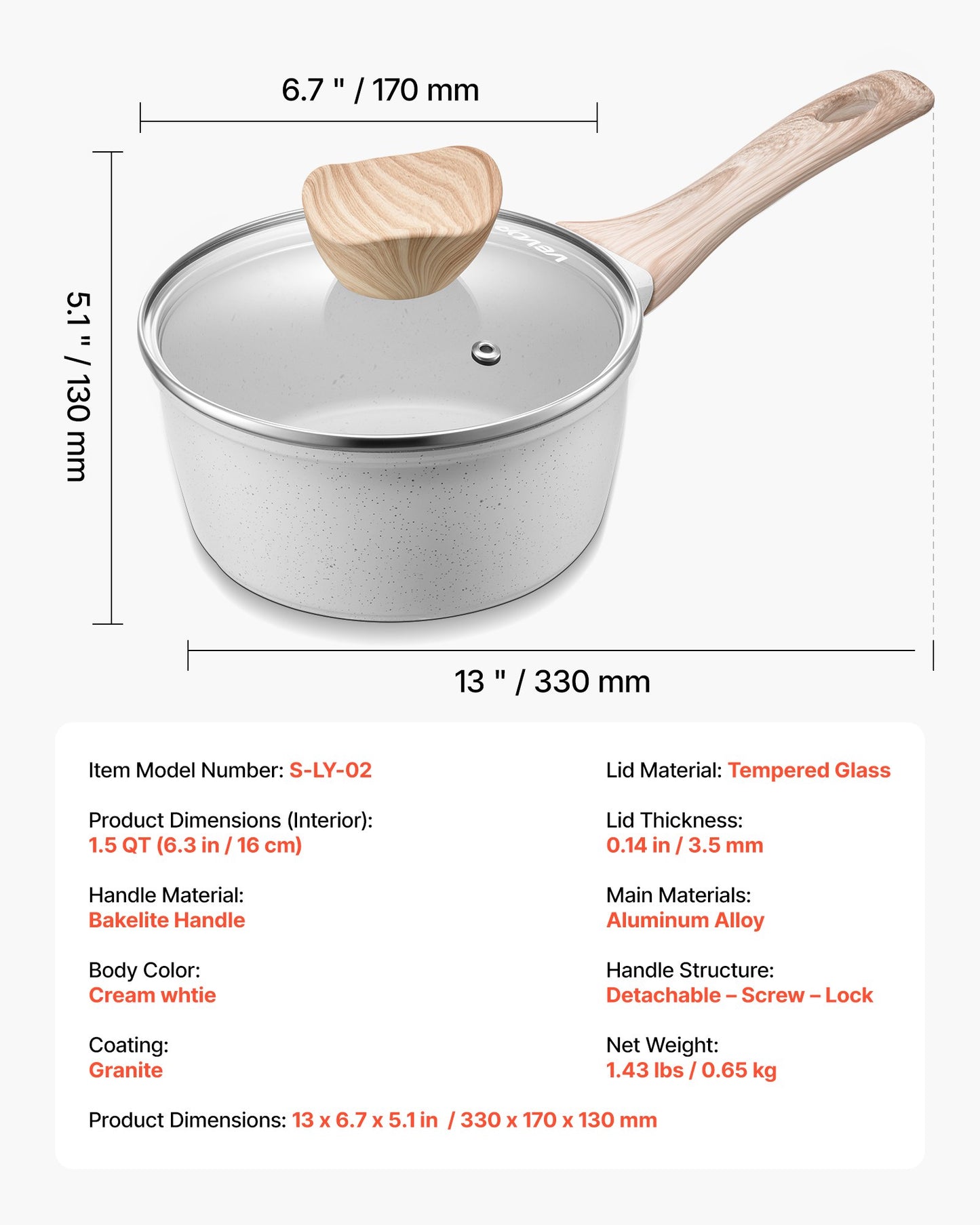 1,5-Liter-Stielkasserolle, antihaftbeschichtet, mit Deckel aus gehärtetem Glas, vielseitig einsetzbarer Kochtopf mit abnehmbarem Griff, kleiner Küchentopf mit Beschichtung, induktionsgeeignet, weiß