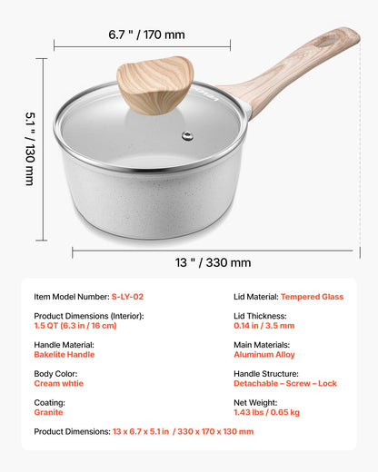 1,5-Liter-Stielkasserolle, antihaftbeschichtet, mit Deckel aus gehärtetem Glas, vielseitig einsetzbarer Kochtopf mit abnehmbarem Griff, kleiner Küchentopf mit Beschichtung, induktionsgeeignet, weiß