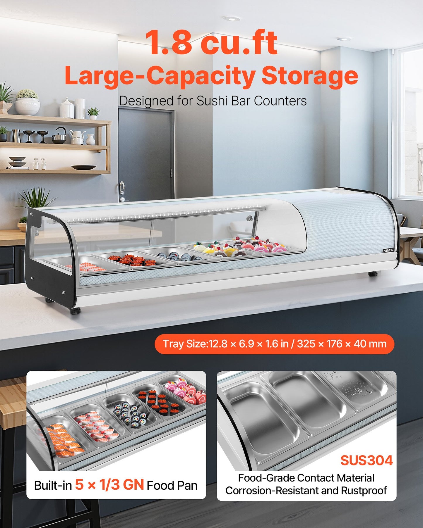 Sushi-Kühlvitrine, 52 l, gewerbliche Sushi-Vitrine, 5-teilige Thekenvitrine mit gebogenem Glas, LED-Beleuchtung und digitaler Temperaturregelung, für Sushi-Bars, Restaurants und Geschäfte