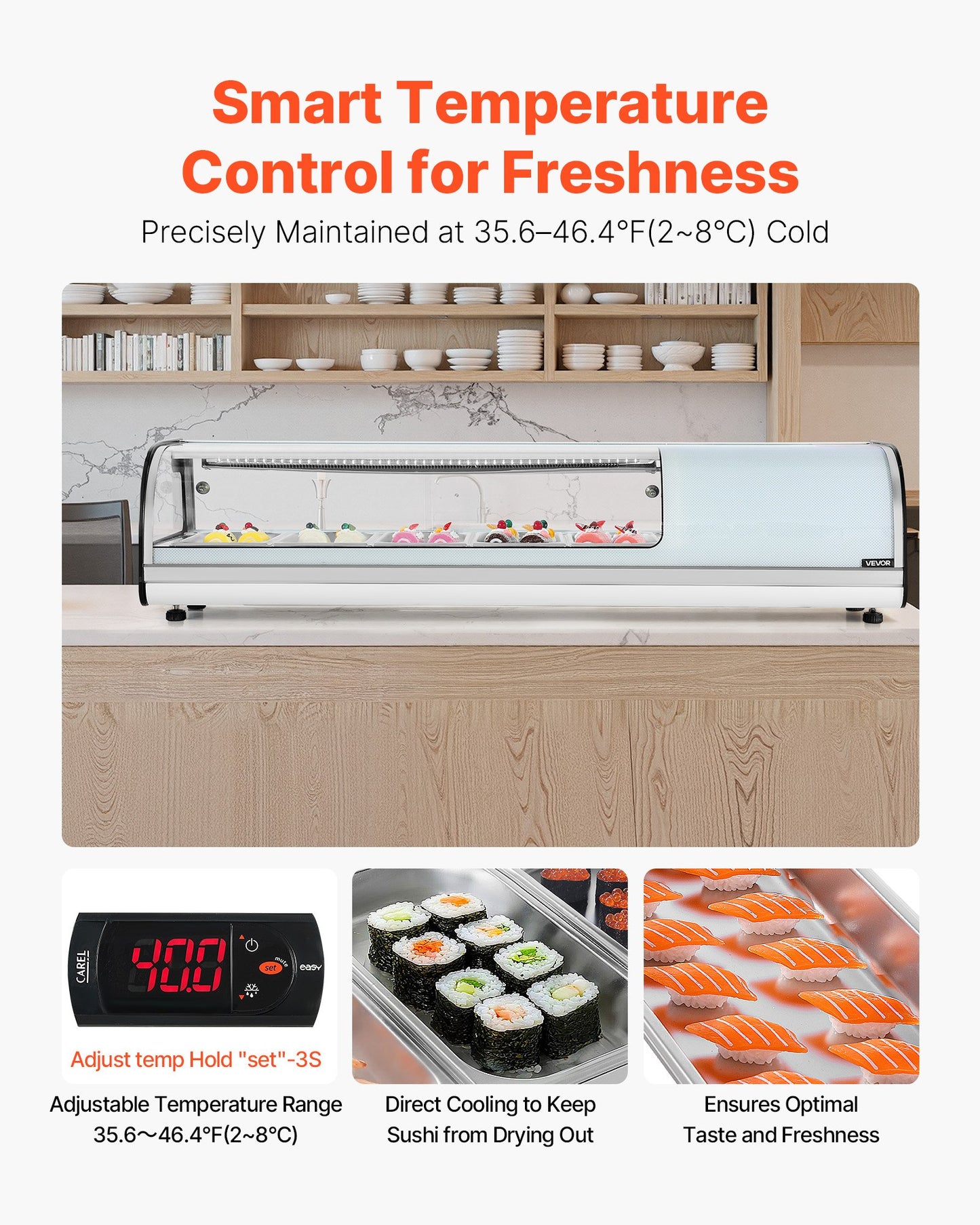 Sushi-Kühlvitrine, 52 l, gewerbliche Sushi-Vitrine, 5-teilige Thekenvitrine mit gebogenem Glas, LED-Beleuchtung und digitaler Temperaturregelung, für Sushi-Bars, Restaurants und Geschäfte