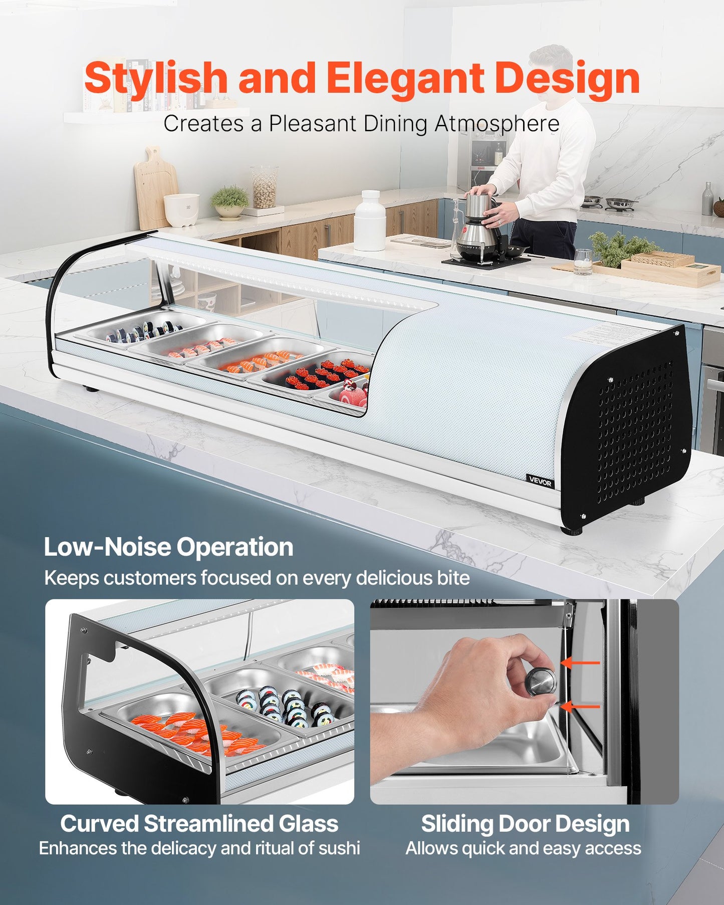 Sushi-Kühlvitrine, 52 l, gewerbliche Sushi-Vitrine, 5-teilige Thekenvitrine mit gebogenem Glas, LED-Beleuchtung und digitaler Temperaturregelung, für Sushi-Bars, Restaurants und Geschäfte