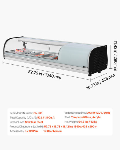 Sushi-Kühlvitrine, 52 l, gewerbliche Sushi-Vitrine, 5-teilige Thekenvitrine mit gebogenem Glas, LED-Beleuchtung und digitaler Temperaturregelung, für Sushi-Bars, Restaurants und Geschäfte