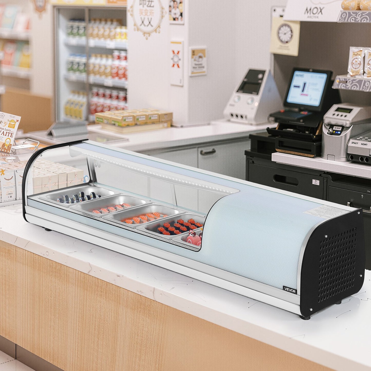 Sushi-Kühlvitrine, 52 l, gewerbliche Sushi-Vitrine, 5-teilige Thekenvitrine mit gebogenem Glas, LED-Beleuchtung und digitaler Temperaturregelung, für Sushi-Bars, Restaurants und Geschäfte