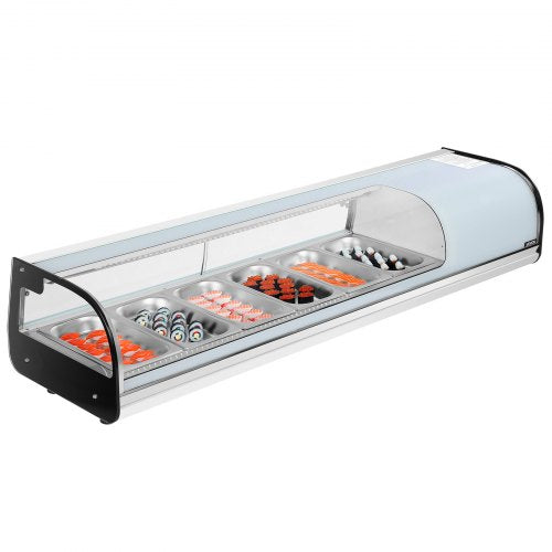 Sushi-Kühlvitrine, 62 l, gewerbliche Sushi-Vitrine, 6-teilige Thekenvitrine mit gebogenem Glas, LED-Beleuchtung und digitaler Temperaturregelung, für Sushi-Bars, Restaurants und Geschäfte