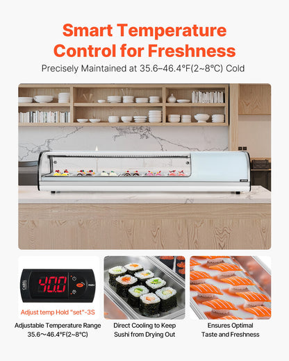 Sushi Display Case Refrigerator, 62L Commercial Sushi Case, 6-Pan Countertop Showcase with Curved Glass, LED Lighting, and Digital Temperature Control, for Sushi-Bar Counter, Restaurant, Store
