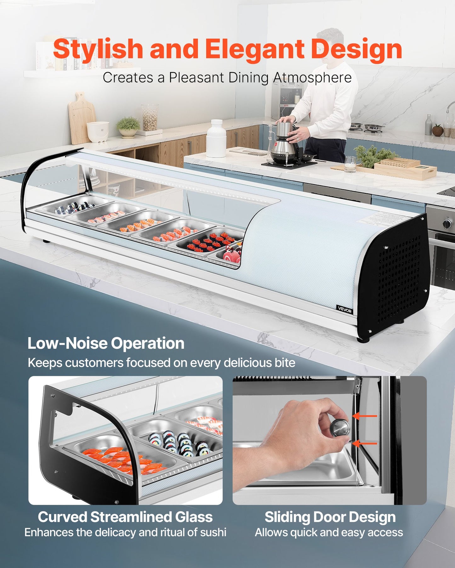 Sushi Display Case Refrigerator, 62L Commercial Sushi Case, 6-Pan Countertop Showcase with Curved Glass, LED Lighting, and Digital Temperature Control, for Sushi-Bar Counter, Restaurant, Store