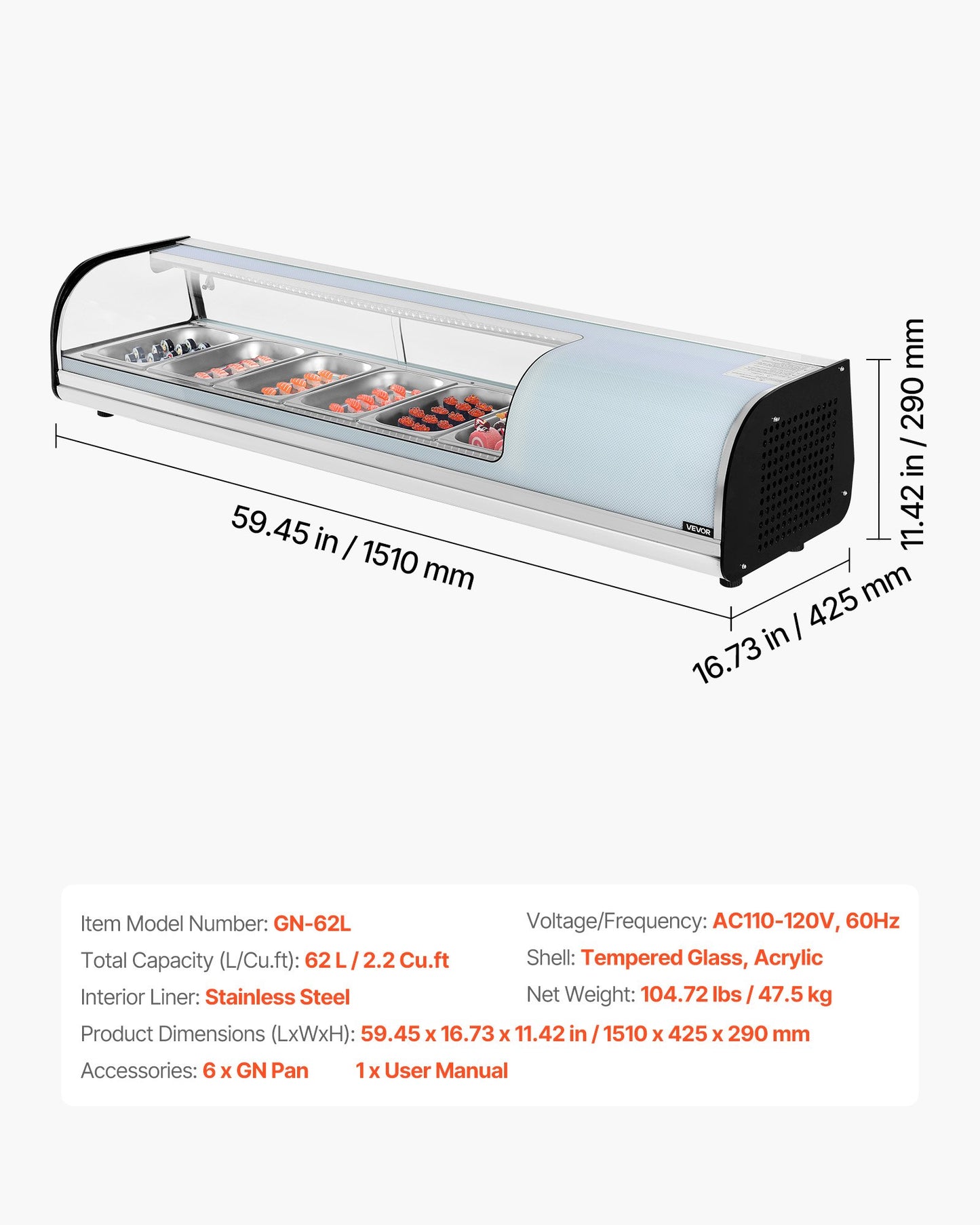 Sushi Display Case Refrigerator, 62L Commercial Sushi Case, 6-Pan Countertop Showcase with Curved Glass, LED Lighting, and Digital Temperature Control, for Sushi-Bar Counter, Restaurant, Store