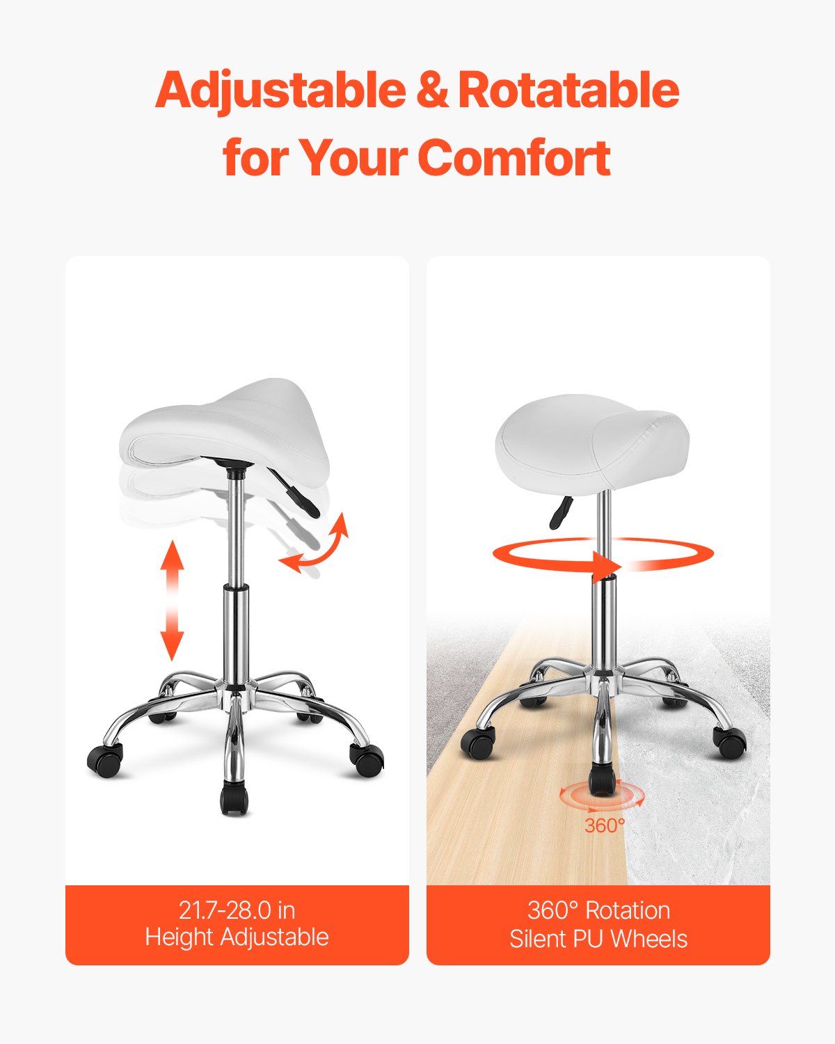 Saddle Stool with Wheels, 450 LBS Weight Capacity Ergonomic Rolling Stool, Height Adjustable Thickened PU Leather Swivel Saddle Chair for Salon, Spa, Massage, Tattoo, Clinic, White