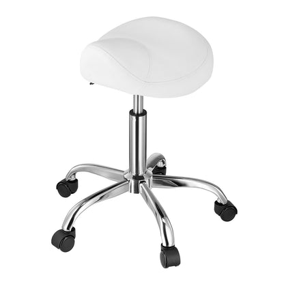 Saddle Stool with Wheels, 450 LBS Weight Capacity Ergonomic Rolling Stool, Height Adjustable Thickened PU Leather Swivel Saddle Chair for Salon, Spa, Massage, Tattoo, Clinic, White