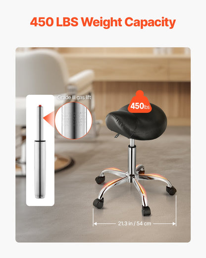 Saddle Stool with Wheels, 450 LBS Weight Capacity Ergonomic Rolling Stool, Height Adjustable Thickened PU Leather Swivel Saddle Chair for Salon, Spa, Massage, Tattoo, Clinic, Black