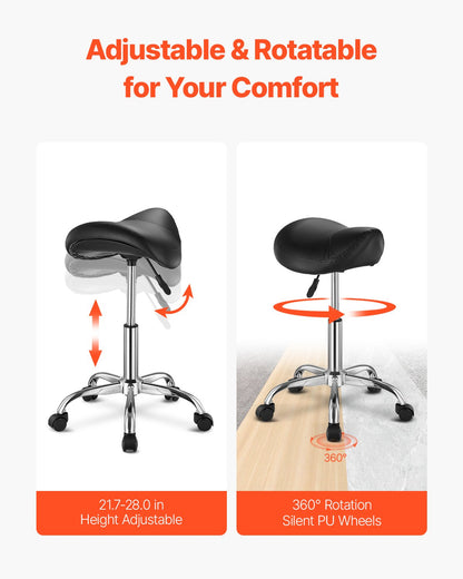 Saddle Stool with Wheels, 450 LBS Weight Capacity Ergonomic Rolling Stool, Height Adjustable Thickened PU Leather Swivel Saddle Chair for Salon, Spa, Massage, Tattoo, Clinic, Black