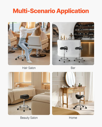 Saddle Stool with Wheels, 450 LBS Weight Capacity Ergonomic Rolling Stool, Height Adjustable Thickened PU Leather Swivel Saddle Chair for Salon, Spa, Massage, Tattoo, Clinic, Black