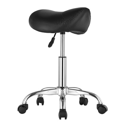 Saddle Stool with Wheels, 450 LBS Weight Capacity Ergonomic Rolling Stool, Height Adjustable Thickened PU Leather Swivel Saddle Chair for Salon, Spa, Massage, Tattoo, Clinic, Black