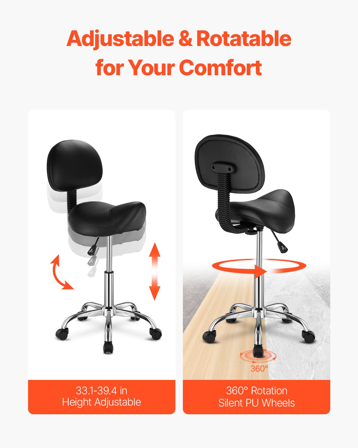 Saddle Stool with Back Support and Wheels, 450 LBS Weight Capacity Ergonomic Rolling Stool, Height Adjustable Thickened PU Leather Swivel Saddle Chair for Salon, Spa, Massage, Tattoo, Black