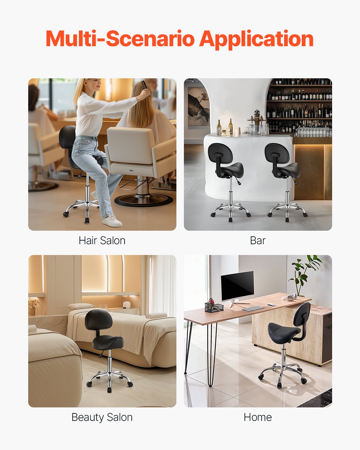 Saddle Stool with Back Support and Wheels, 450 LBS Weight Capacity Ergonomic Rolling Stool, Height Adjustable Thickened PU Leather Swivel Saddle Chair for Salon, Spa, Massage, Tattoo, Black