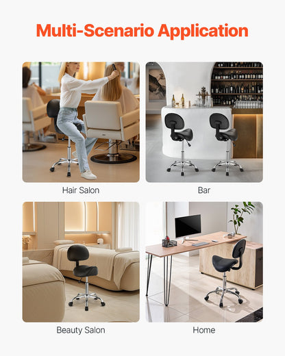 Saddle Stool with Back Support and Wheels, 450 LBS Weight Capacity Ergonomic Rolling Stool, Height Adjustable Thickened PU Leather Swivel Saddle Chair for Salon, Spa, Massage, Tattoo, Black