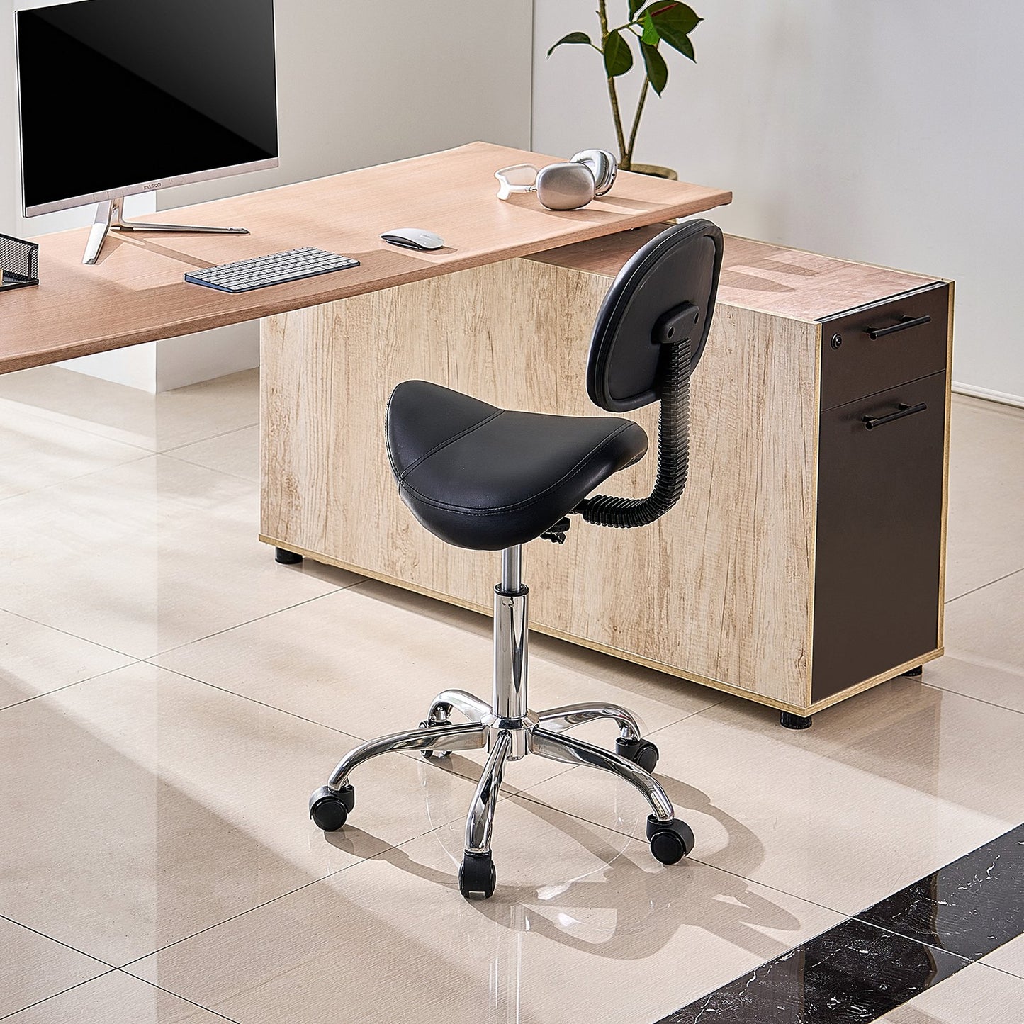 Saddle Stool with Back Support and Wheels, 450 LBS Weight Capacity Ergonomic Rolling Stool, Height Adjustable Thickened PU Leather Swivel Saddle Chair for Salon, Spa, Massage, Tattoo, Black