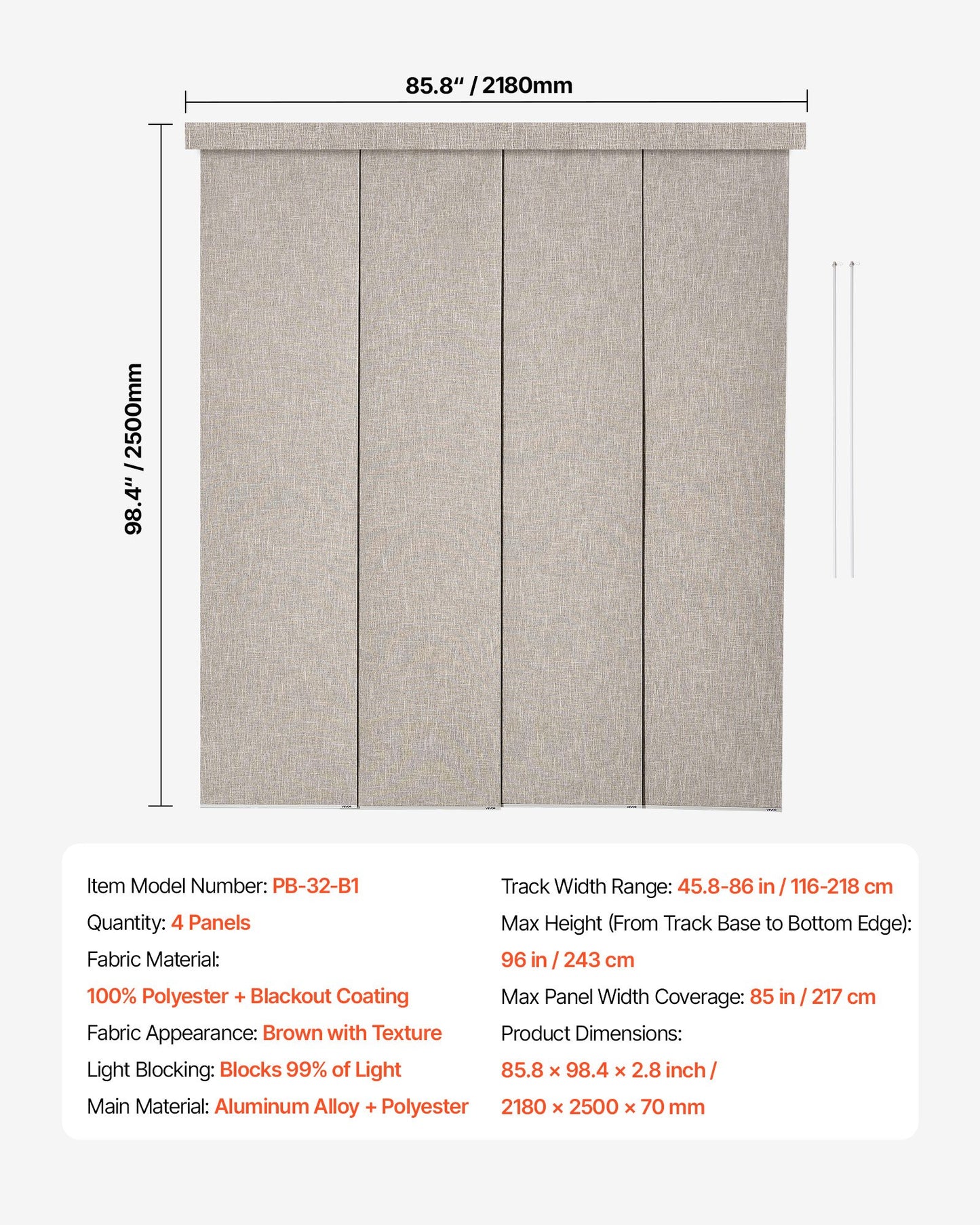 Panel Track Blinds, Extendable Track from 116 cm to 218 cm W, Trimmable Panel Curtains Up to 243cm H, Vertical Blackout Panel Blinds for Sliding Doors, Patio Doors, Room Divider, Windows, Brown