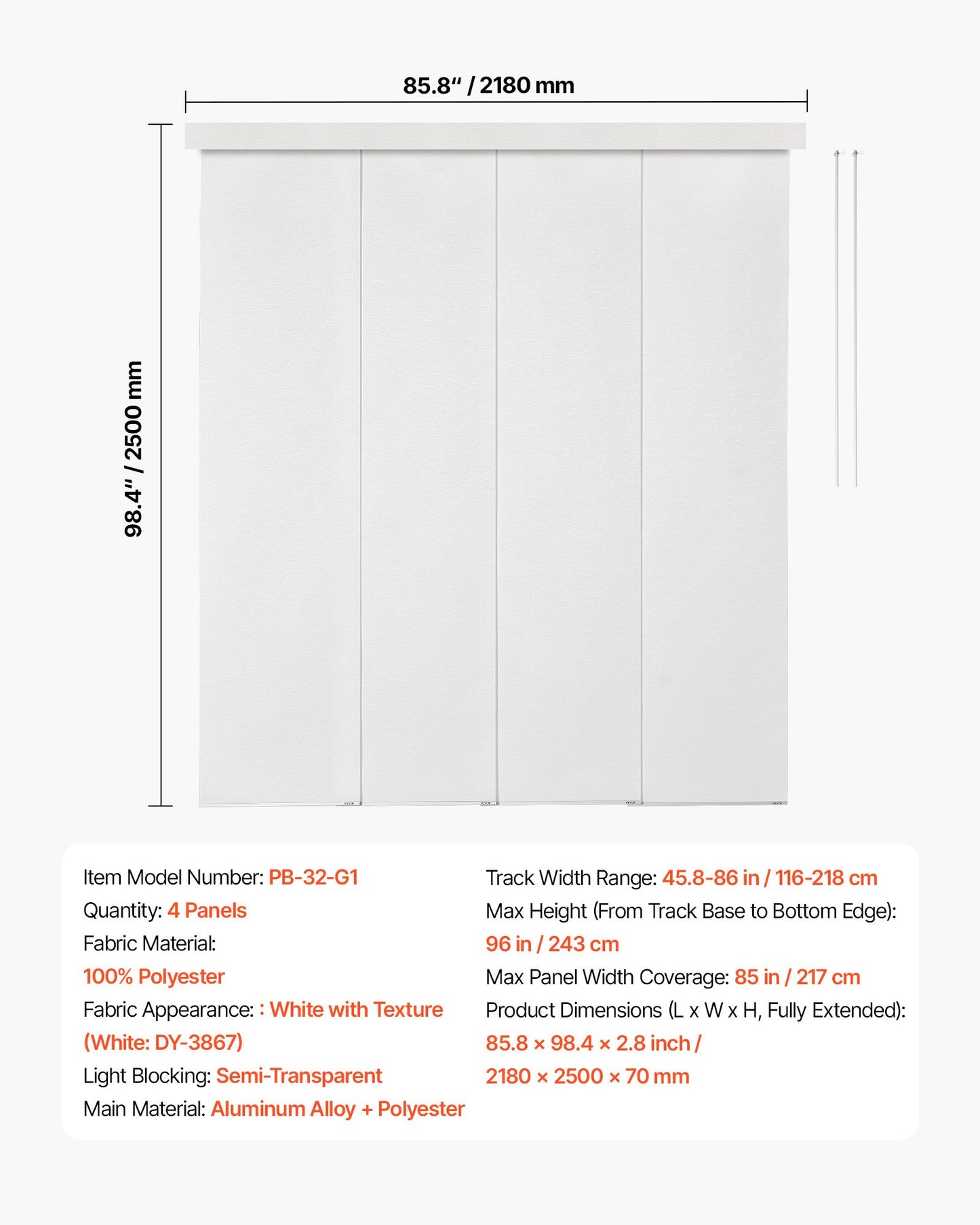Panel Track Blinds, Extendable Track from 116 cm to 218 cm W, Trimmable Panel Curtains Up to 243cm H, Adjustable Vertical Panel Blinds for Sliding Doors, Patio Doors, Room Divider, Window, White