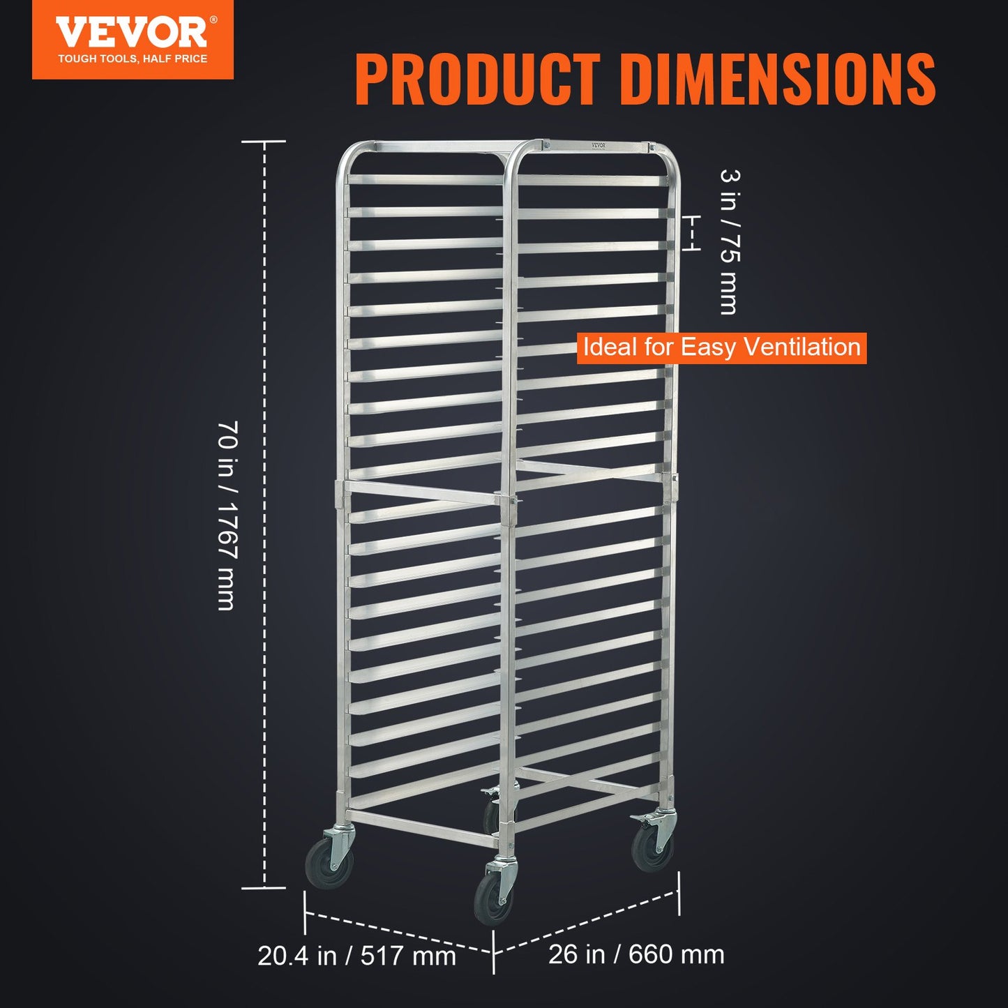Bun Pan Rack, 20-Tier Commercial Bakery Racks with Brake Wheels, Aluminum Racking Trolley Storage for Half & Full Sheet, Speed Rack For Kitchen Home, Bread Baking Equipment, 66 x 51.8 x 177.8 cm
