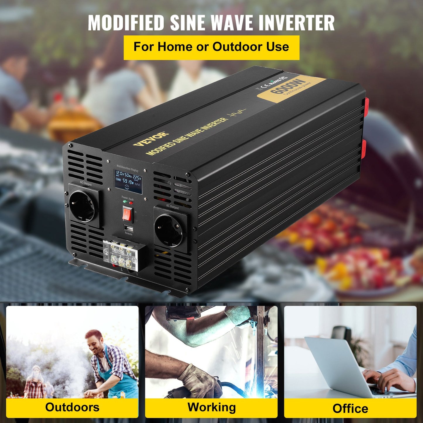 Power Inverter, 6000W, Modified Sine Wave Inverter DC 12V to AC 230V Car Converter with LCD Display Remote Controller, LED Indicators EU Outlets Power Inverter, for Car RV Truck Boat Travel Camping