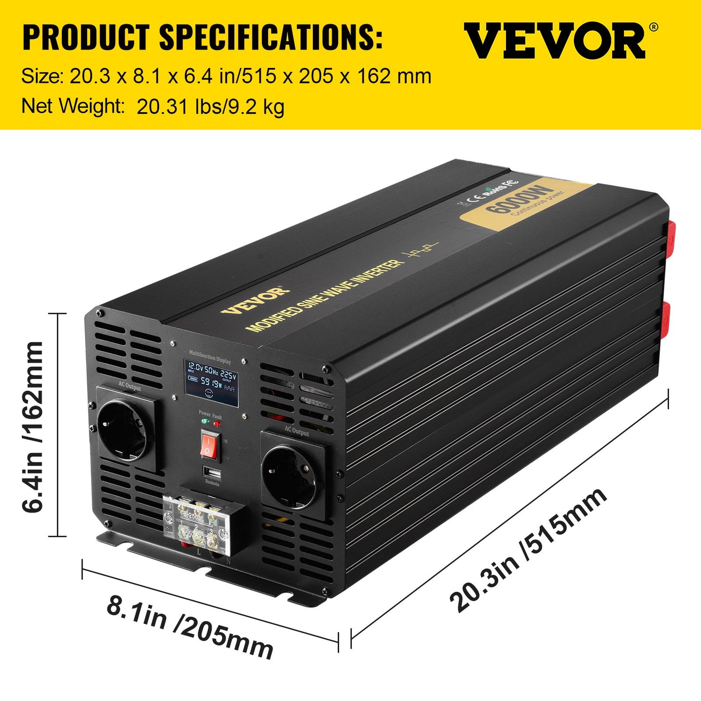 Power Inverter, 6000W, Modified Sine Wave Inverter DC 12V to AC 230V Car Converter with LCD Display Remote Controller, LED Indicators EU Outlets Power Inverter, for Car RV Truck Boat Travel Camping