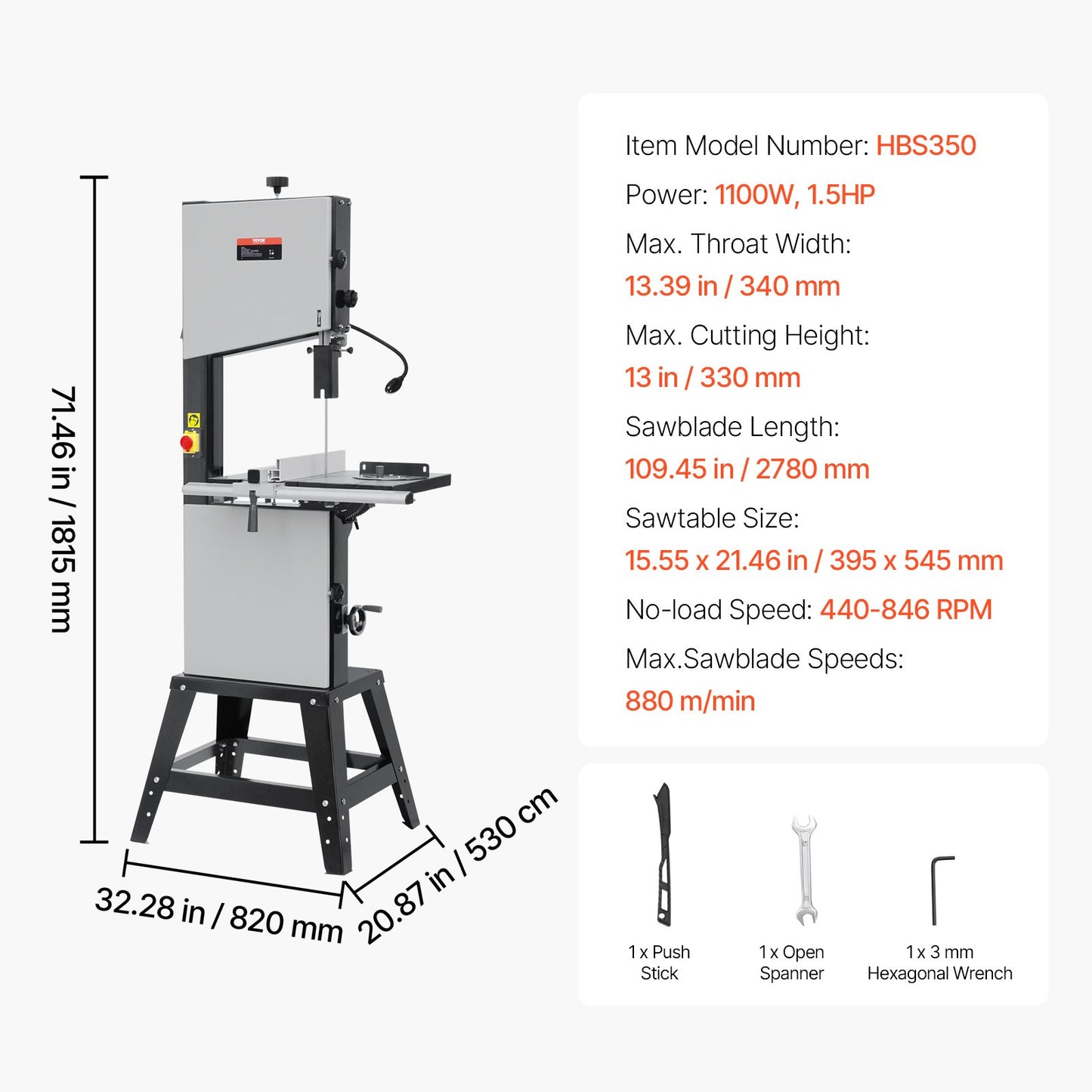 Band Saw, 340mm / 13.39-Inch, Benchtop Bandsaw with Stand, 440-846 RPM Continuously Viable Speed, 1100W 1.5HP, 220V, Optimized Work Light, and Miter Gauge, for Woodworking Aluminum Wood Metal Copper
