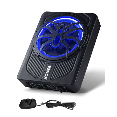 10-Zoll-Subwoofer (440 W) für die Montage unter dem Sitz, schlanker Aktiv-Subwoofer mit blauer Ambientebeleuchtung, flacher Audio-Subwoofer mit integriertem Verstärker und Fernbedienung für SUVs, PKWs, LKWs und Wohnmobile