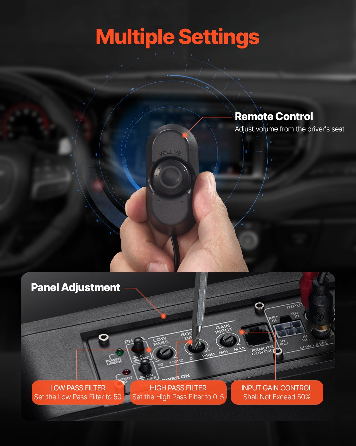 10-Zoll-Subwoofer (440 W) für die Montage unter dem Sitz, schlanker Aktiv-Subwoofer mit blauer Ambientebeleuchtung, flacher Audio-Subwoofer mit integriertem Verstärker und Fernbedienung für SUVs, PKWs, LKWs und Wohnmobile