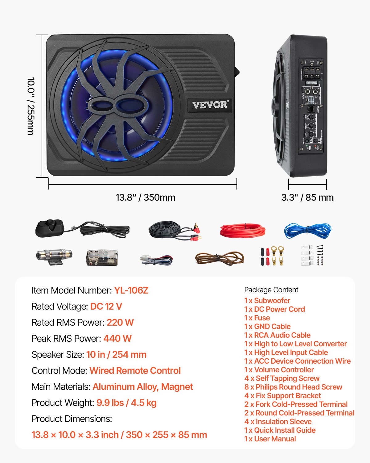 10-Zoll-Subwoofer (440 W) für die Montage unter dem Sitz, schlanker Aktiv-Subwoofer mit blauer Ambientebeleuchtung, flacher Audio-Subwoofer mit integriertem Verstärker und Fernbedienung für SUVs, PKWs, LKWs und Wohnmobile