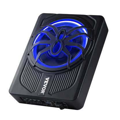 10-Zoll-Subwoofer (440 W) für die Montage unter dem Sitz, schlanker Aktiv-Subwoofer mit blauer Ambientebeleuchtung, flacher Audio-Subwoofer mit integriertem Verstärker und Fernbedienung für SUVs, PKWs, LKWs und Wohnmobile