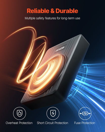 10-Zoll-300-Watt-Subwoofer für die Montage unter dem Sitz, schlanker, aktiver Auto-Subwoofer mit integriertem Verstärker, Hoch-/Niederpegeleingang und Lautstärkeregler für SUVs, PKWs, LKWs und Wohnmobile