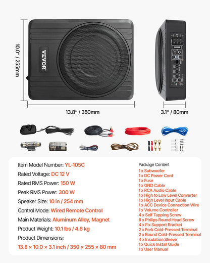 10-Zoll-300-Watt-Subwoofer für die Montage unter dem Sitz, schlanker, aktiver Auto-Subwoofer mit integriertem Verstärker, Hoch-/Niederpegeleingang und Lautstärkeregler für SUVs, PKWs, LKWs und Wohnmobile