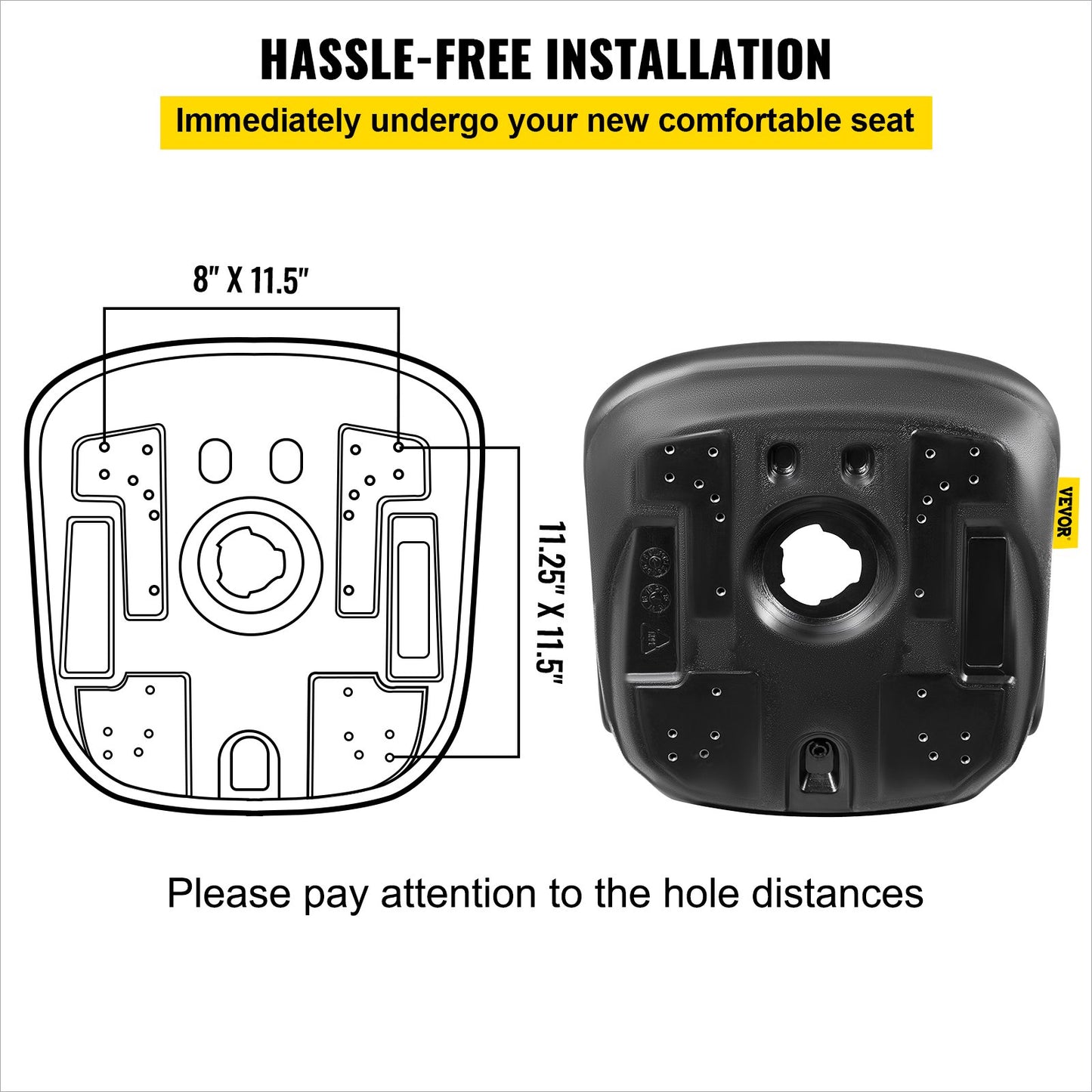 Universal Tractor Seat Replacement, Compact High Back Mower Seat Pair, Black Vinyl Forklift Seat, Central Drain Hole Skid Steer Seat with Mounting Bolt Patterns of 8" x 11.5" & 11.25" x 11.5"
