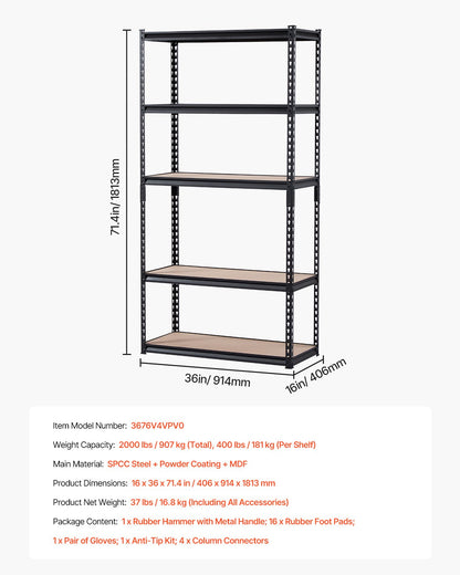 Storage Shelves, 2000 lbs, 5 Tier Garage Storage Shelving, 16" D x 36" W x 71.4" H Adjustable Metal Shelves for Garage Shelves Utility Rack Shelf, Ideal for Kitchen, Warehouse, Basement, Black