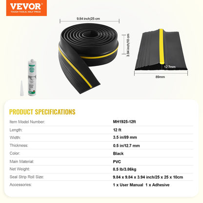 Garage Door Threshold Seal Strip, 12 FT Universal Garage Door Floor Seal Strip with Adhesive, Garage Door Bottom Weatherproof Strip, Upgraded Thick PVC DIY Weather Stripping Replacement, Black