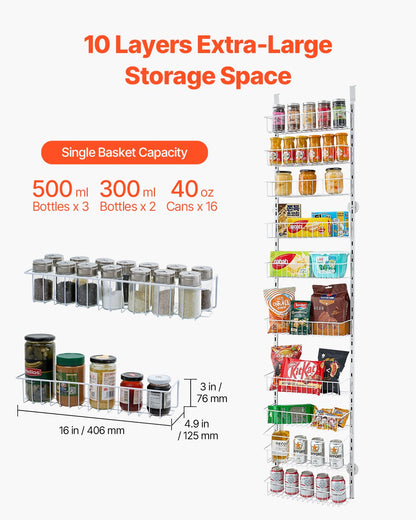 Over the Door Pantry Organizer, 10-Tier Pantry Organization and Storage, Heavy-Duty Steel Hanging Spice Rack, Adjustable Wall Seasoning Shelves, for Home Kitchen Laundry Room Bathroom, White